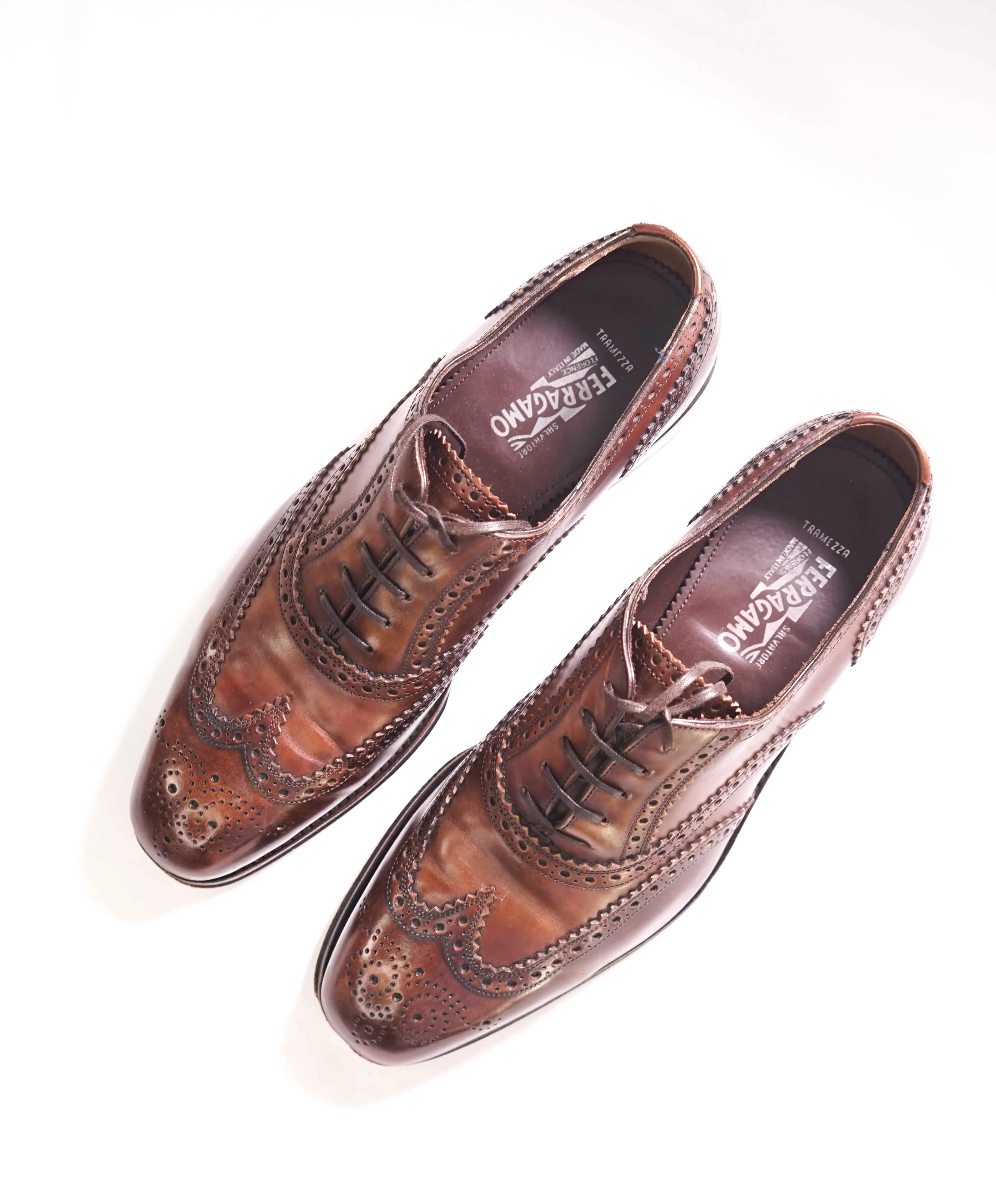 $1,395 SALVATORE FERRAGAMO - "TRAMEZZA" Brown Wingtip Silhouette Oxfords - 8.5 EE