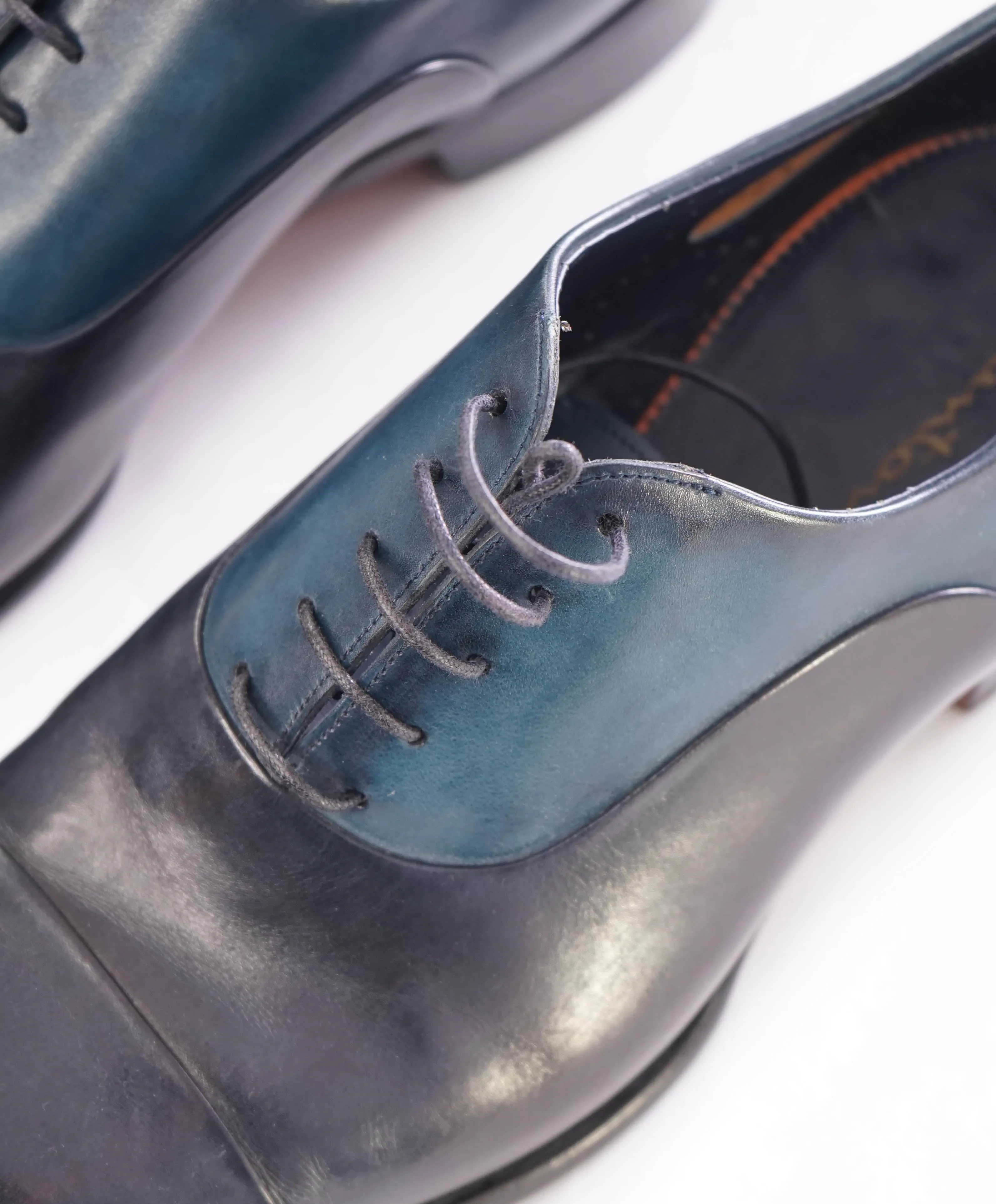 $1,595 SANTONI - "GOODYEAR WELT” Navy/Turquoise Cap-toe Oxfords - 9 US (8 IT)