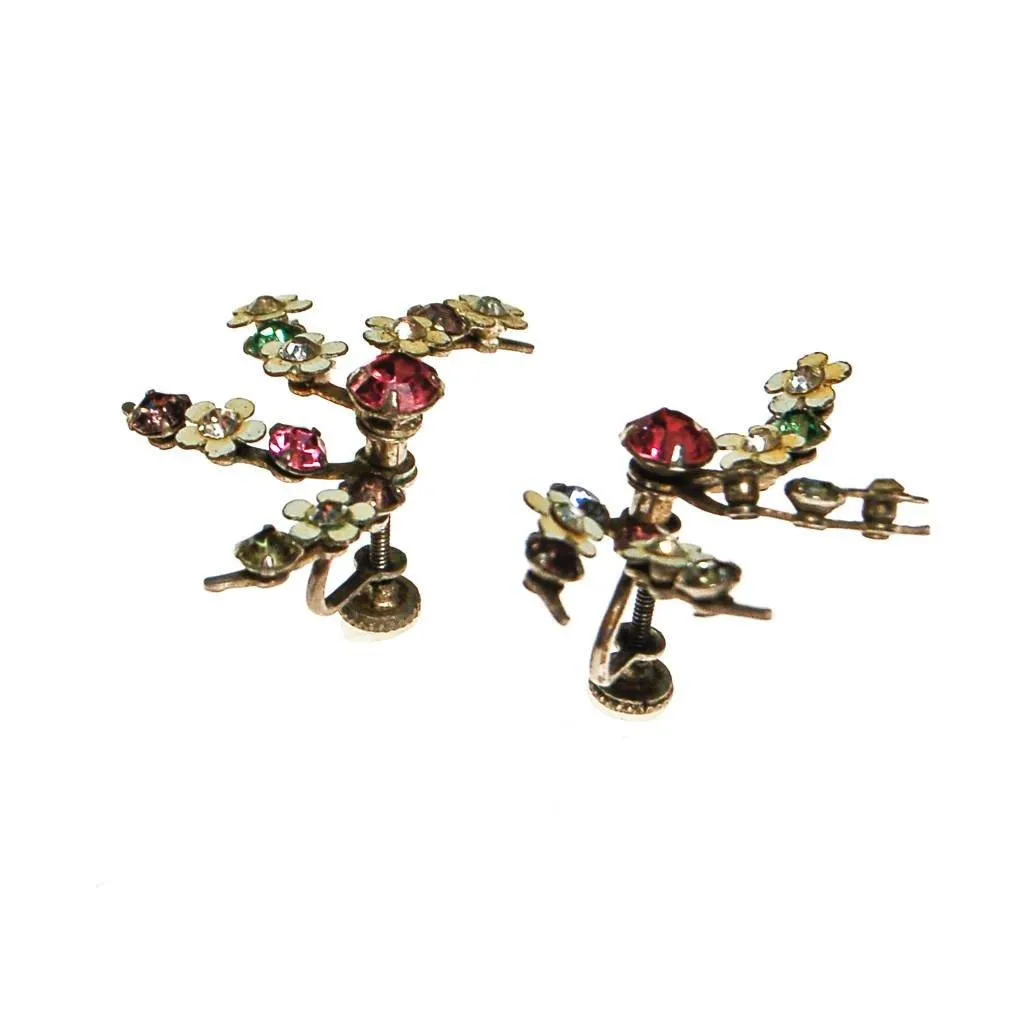 1940s Colorful Pastel Rhinestone and White Flower Spray Style Earrings