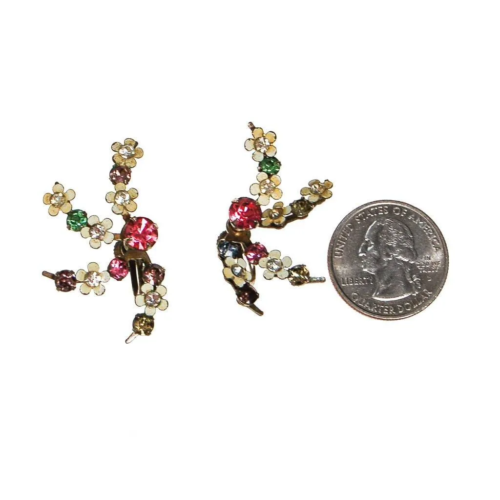1940s Colorful Pastel Rhinestone and White Flower Spray Style Earrings
