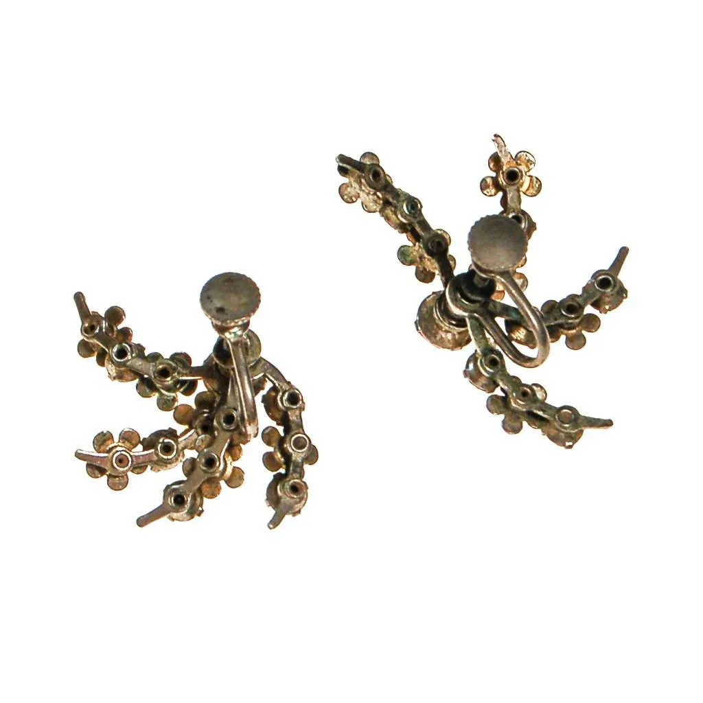 1940s Colorful Pastel Rhinestone and White Flower Spray Style Earrings