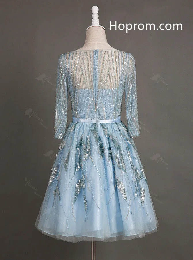 3/4 Sleeves Short A-Line BateauHomecoming Dress With Sequins