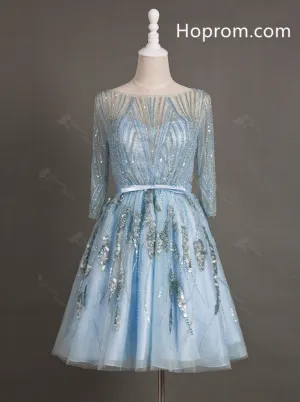 3/4 Sleeves Short A-Line BateauHomecoming Dress With Sequins