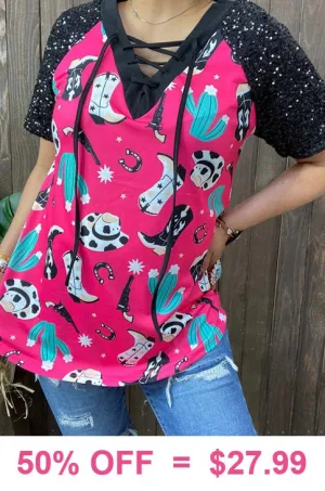 3X >>Western print lace up top with black sequin sleeves