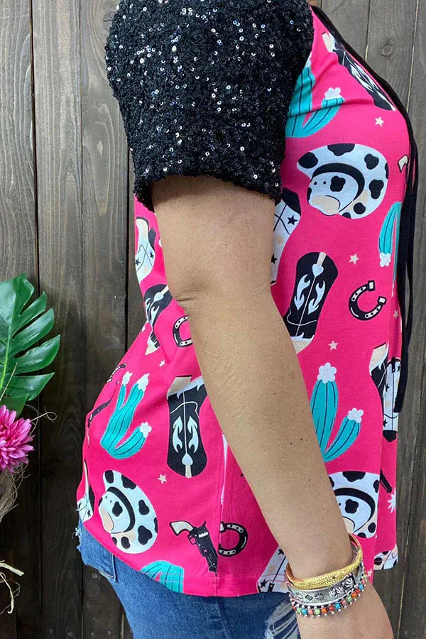 3X >>Western print lace up top with black sequin sleeves