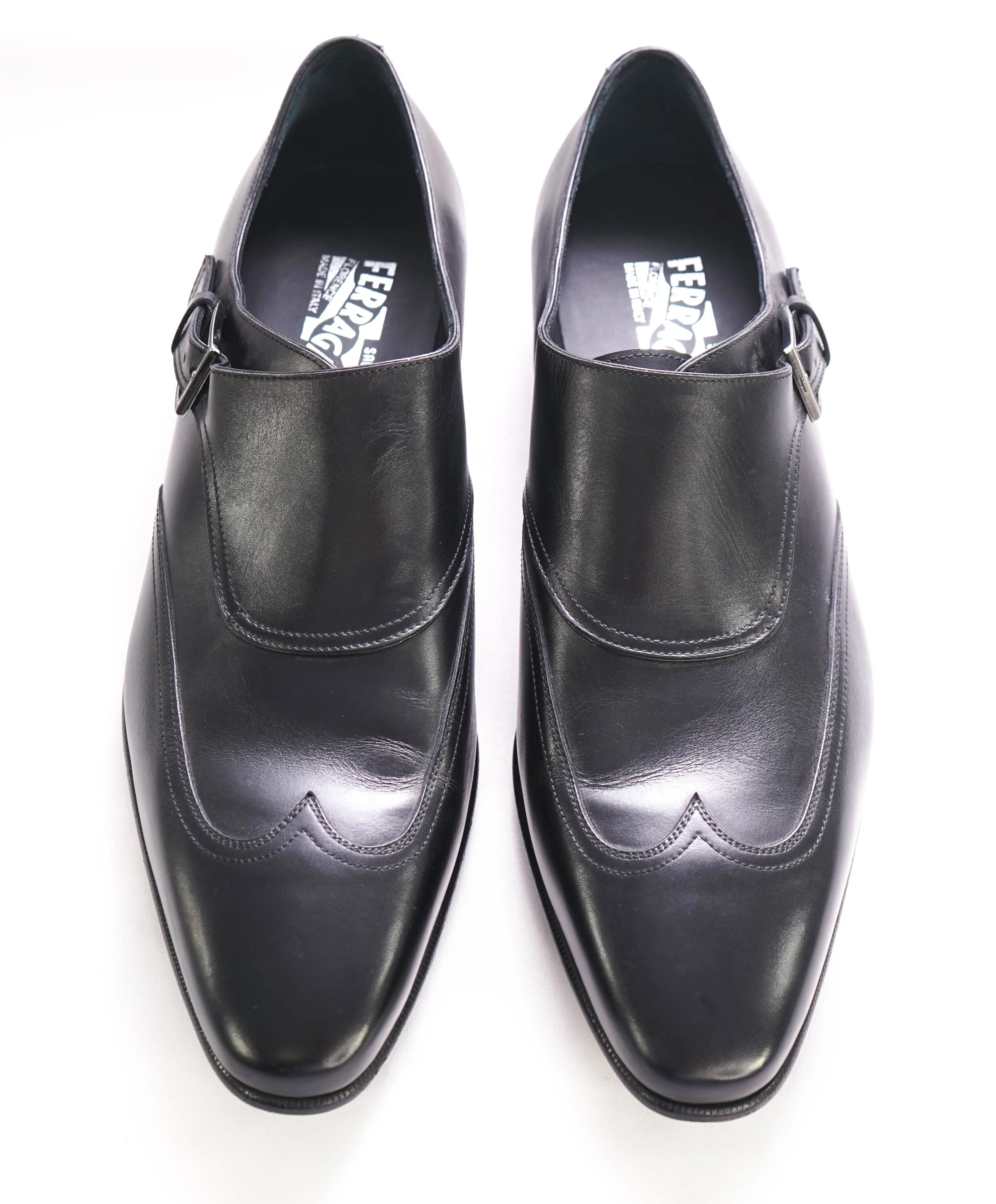 $700 SALVATORE FERRAGAMO -  Single Monk Wingtip Black Leather Loafer - 11.5 US