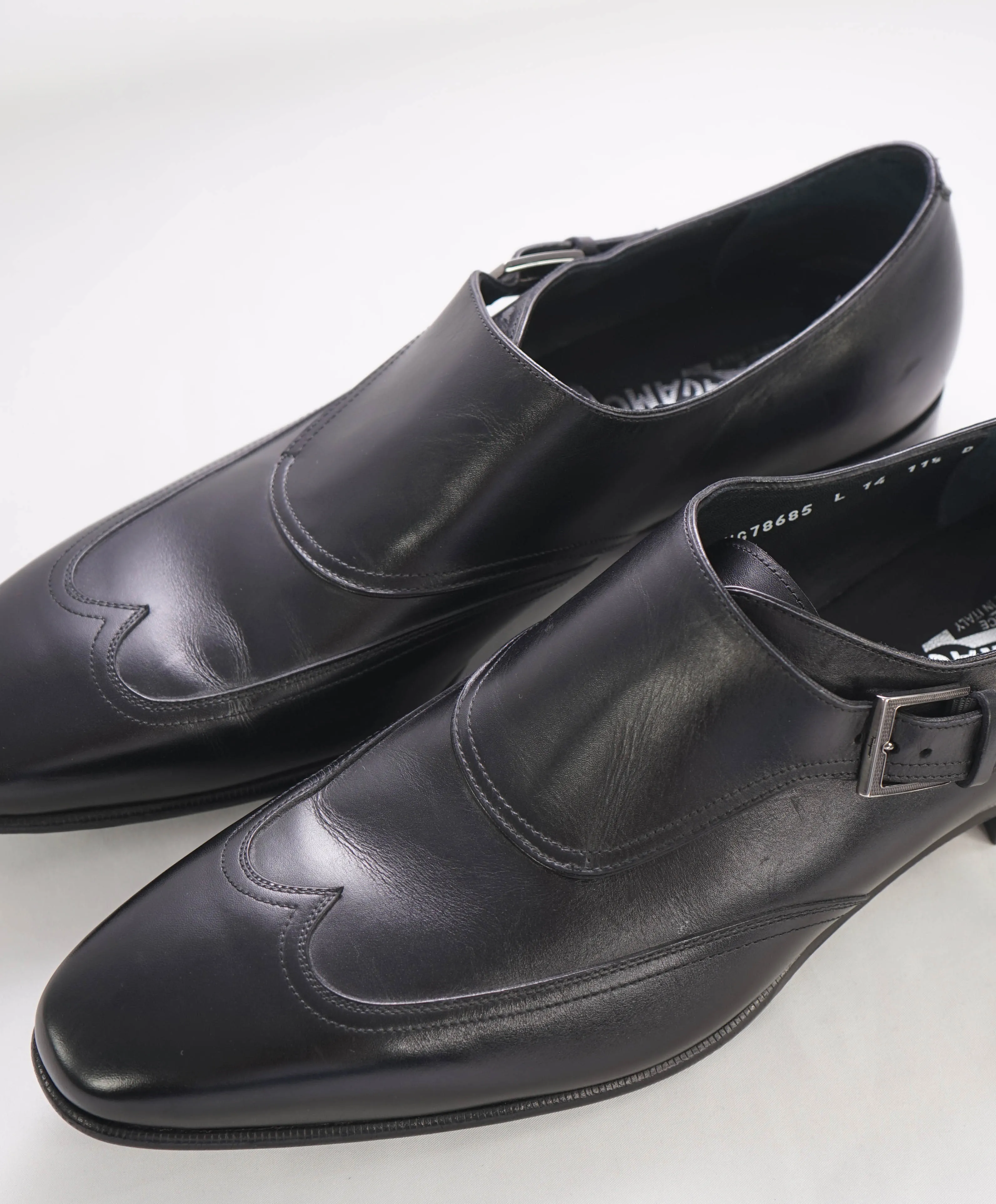 $700 SALVATORE FERRAGAMO -  Single Monk Wingtip Black Leather Loafer - 11.5 US