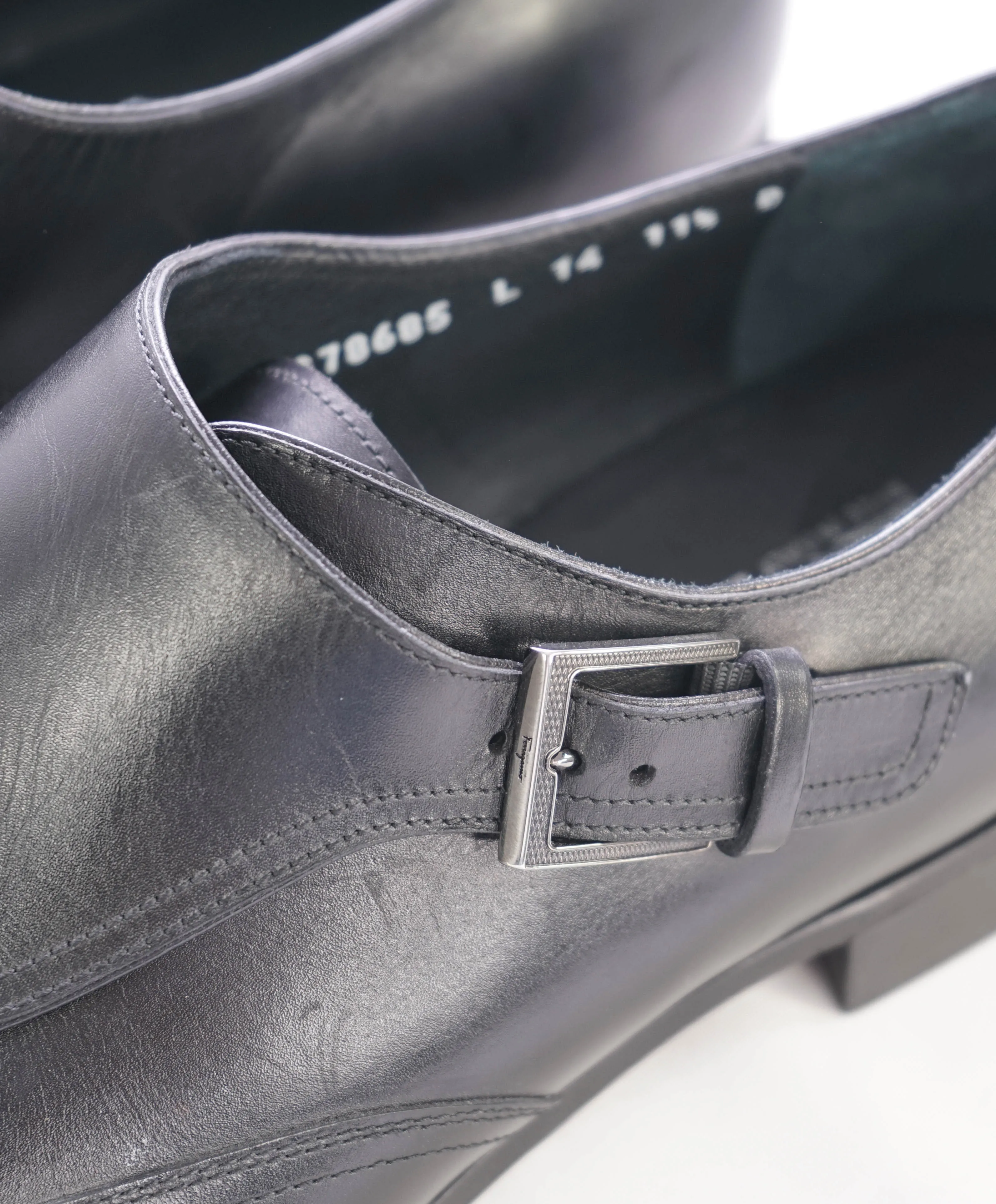 $700 SALVATORE FERRAGAMO -  Single Monk Wingtip Black Leather Loafer - 11.5 US