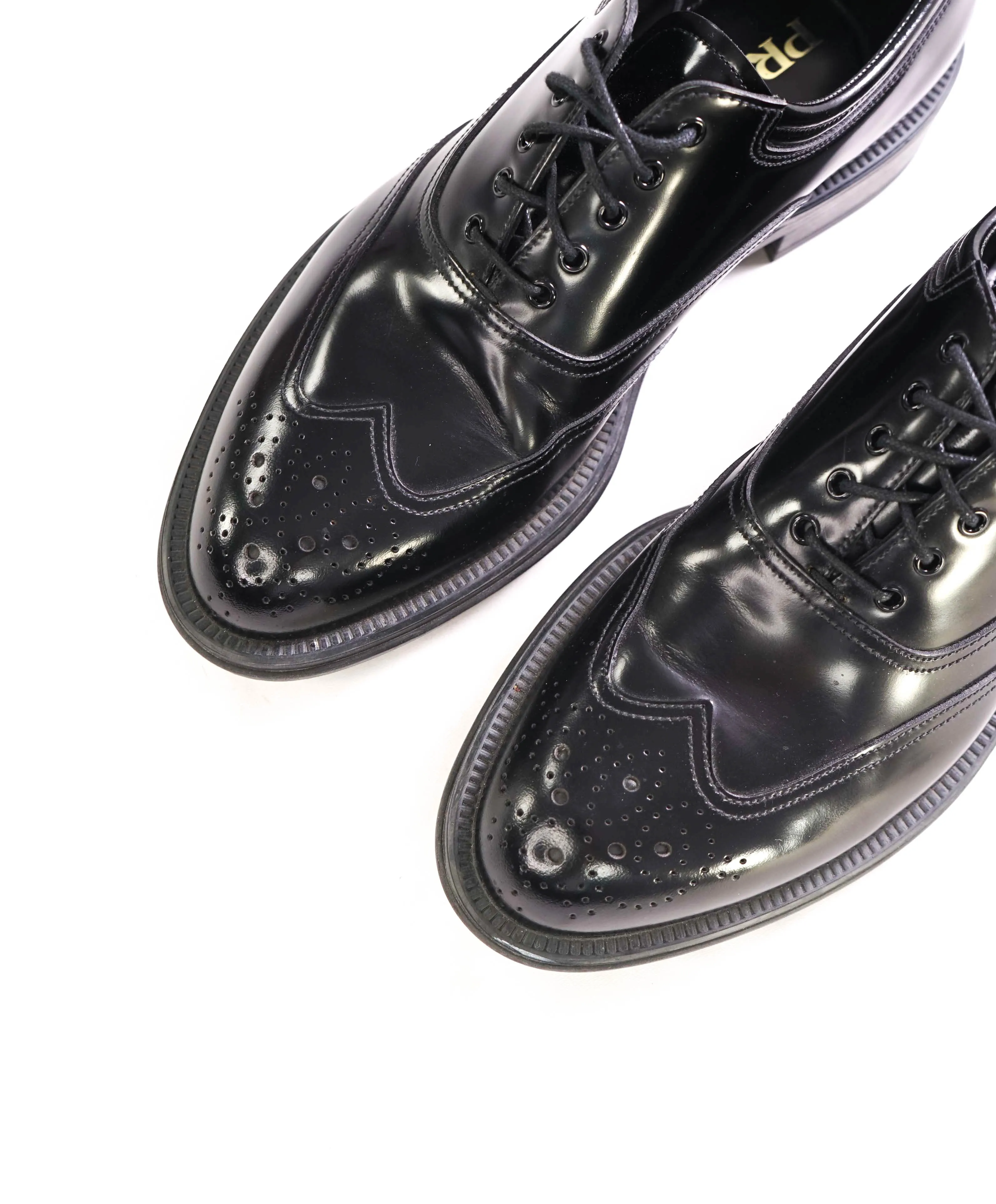$950 PRADA - Black Brushed Leather Wingtip Brogue Detail Oxfords - 7 US (6 Prada)