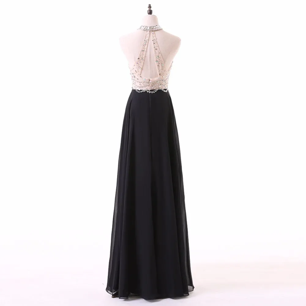 A Line Black Prom Dresses Long Halter Beaded Backless Sleeveless Evening Dress Online