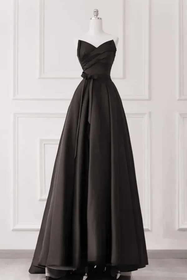 A Line Black Satin V Neckline Strapless Prom Dress, Black Long Party Dress APP1095