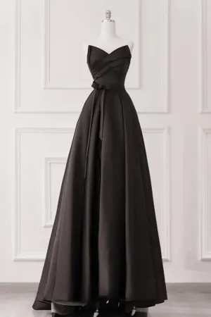 A Line Black Satin V Neckline Strapless Prom Dress, Black Long Party Dress APP1095