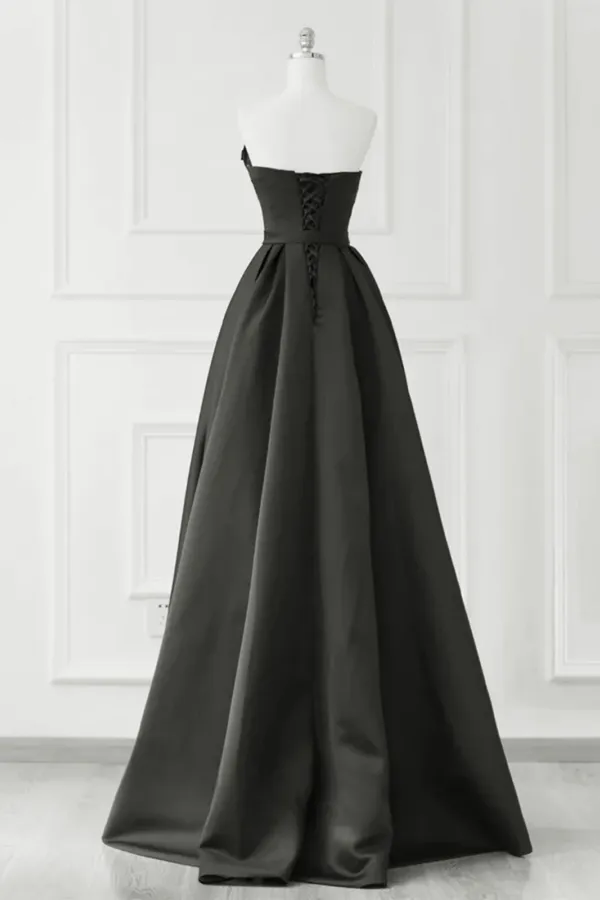 A Line Black Satin V Neckline Strapless Prom Dress, Black Long Party Dress APP1095