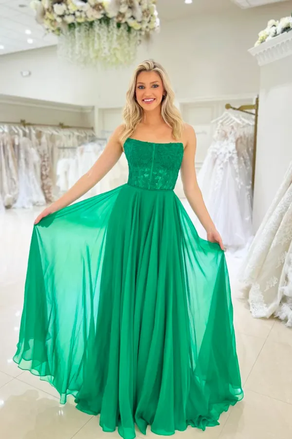 A Line Green Chiffon Lace Long Prom Dress, Strapless Floor Length Dress APP0971