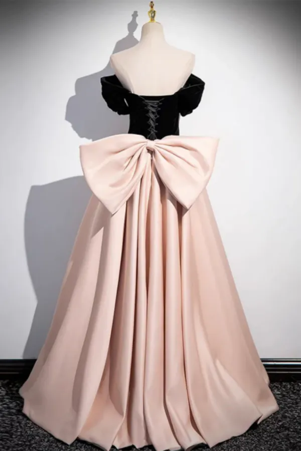 A Line Off Shoulder Satin Champagne Long Prom Dress, Champagne Long Evening Dress APP0866