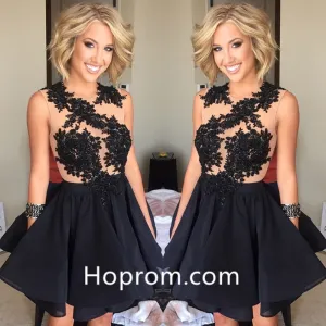 A-Line Short Homecoming Dresses, Black Sleeveless Appliques Homecoming Dresses