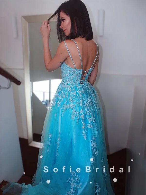 A-Line Spaghetti Straps Blue Tulle Long Prom Dresses With Lace,SFPD0044