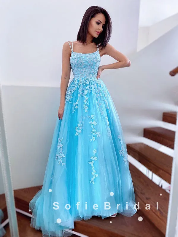 A-Line Spaghetti Straps Blue Tulle Long Prom Dresses With Lace,SFPD0044