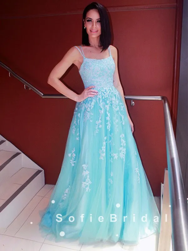 A-Line Spaghetti Straps Blue Tulle Long Prom Dresses With Lace,SFPD0044