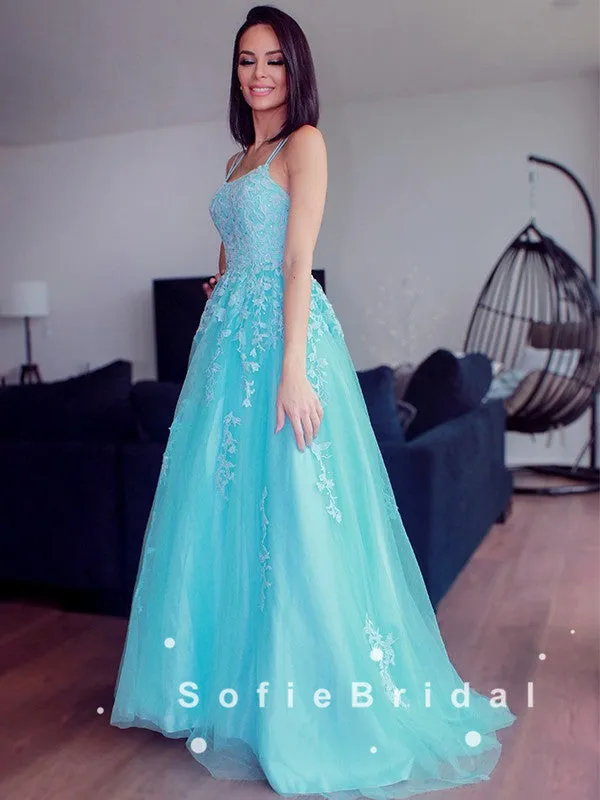 A-Line Spaghetti Straps Blue Tulle Long Prom Dresses With Lace,SFPD0044