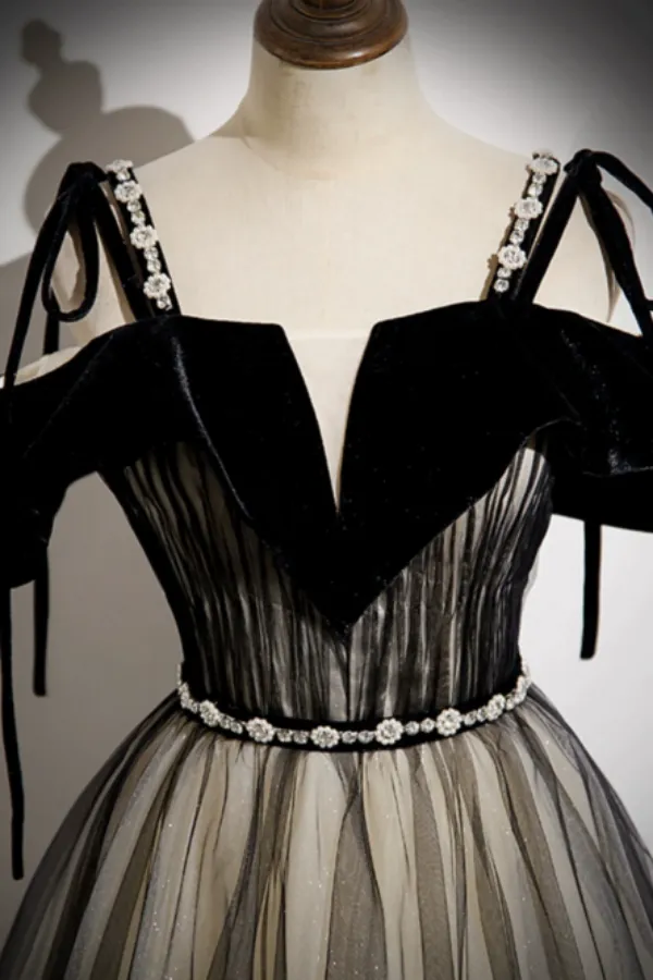 A Line Tulle Black Long Prom Dress, Black Long Formal Dress APP0849