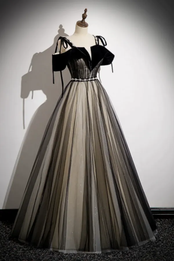 A Line Tulle Black Long Prom Dress, Black Long Formal Dress APP0849