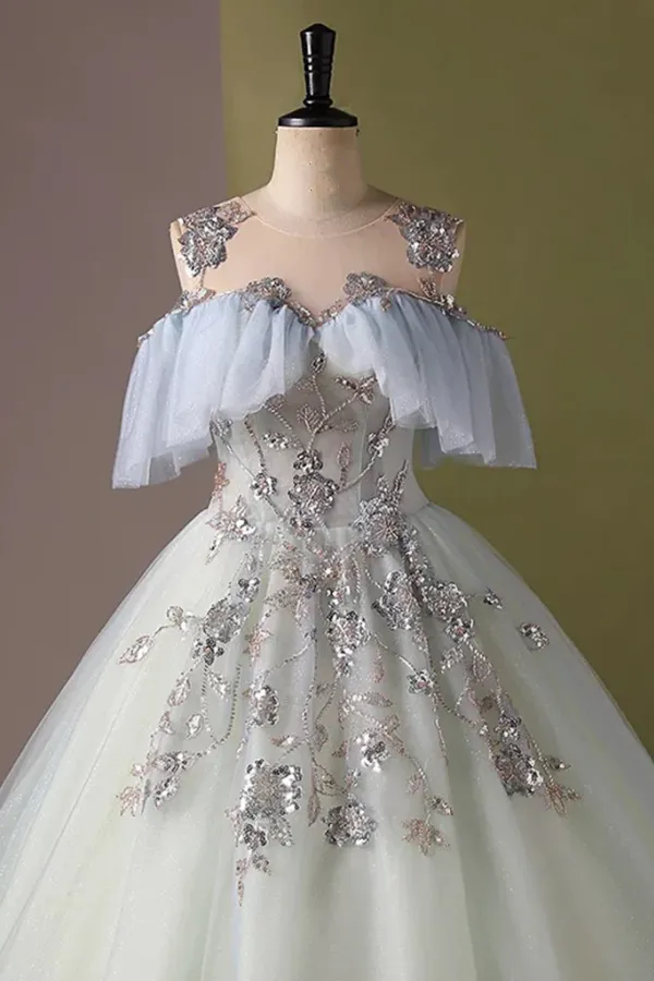 A Line Tulle Sequin Lace Long Blue Prom Dress, Blue Long Formal Dress APP1143