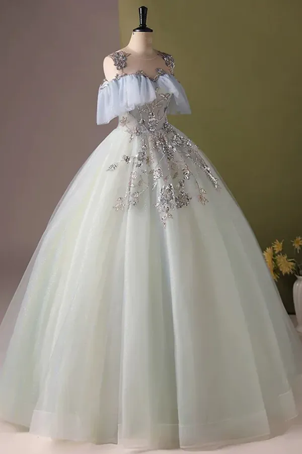 A Line Tulle Sequin Lace Long Blue Prom Dress, Blue Long Formal Dress APP1143