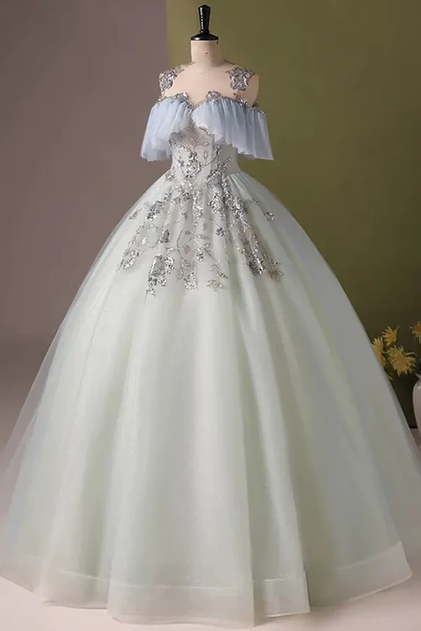 A Line Tulle Sequin Lace Long Blue Prom Dress, Blue Long Formal Dress APP1143