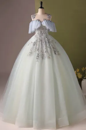 A Line Tulle Sequin Lace Long Blue Prom Dress, Blue Long Formal Dress APP1143