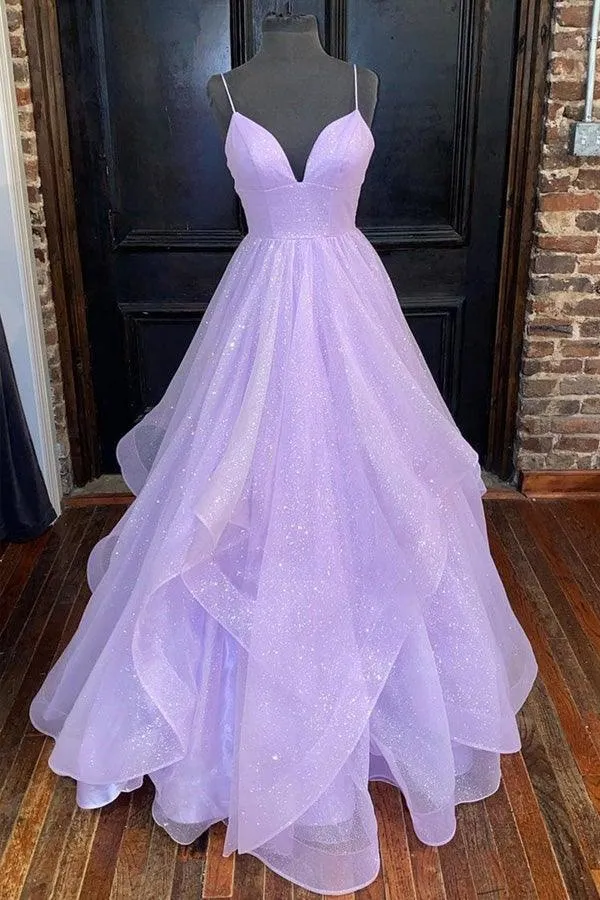 A-line V Neck Princess Lavender Tiered Tulle Sparkly Prom Dress PSK270