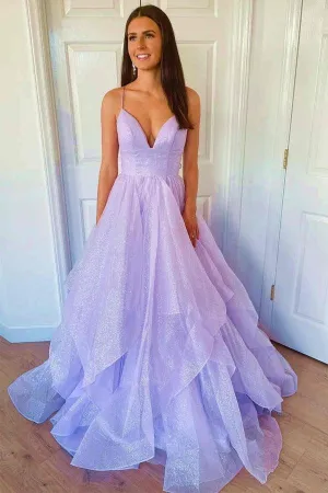 A-line V Neck Princess Lavender Tiered Tulle Sparkly Prom Dress PSK270