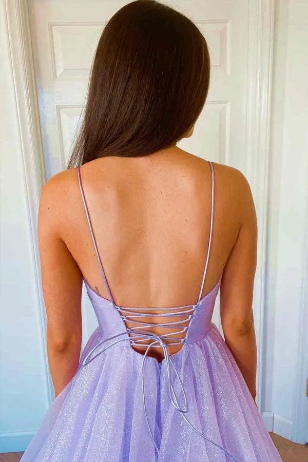 A-line V Neck Princess Lavender Tiered Tulle Sparkly Prom Dress PSK270