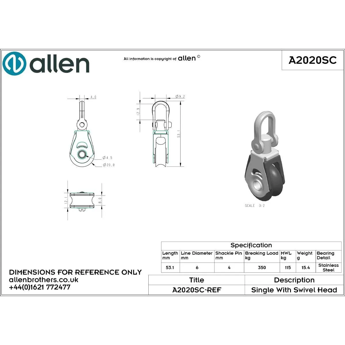 Allen 20mm Single Block with Swivel Head