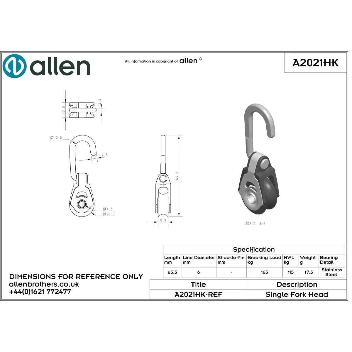 Allen 20mm Single Fork Head Block with Hook