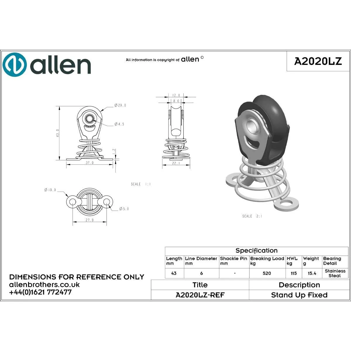Allen 20mm Single Stand Up Fixed Block