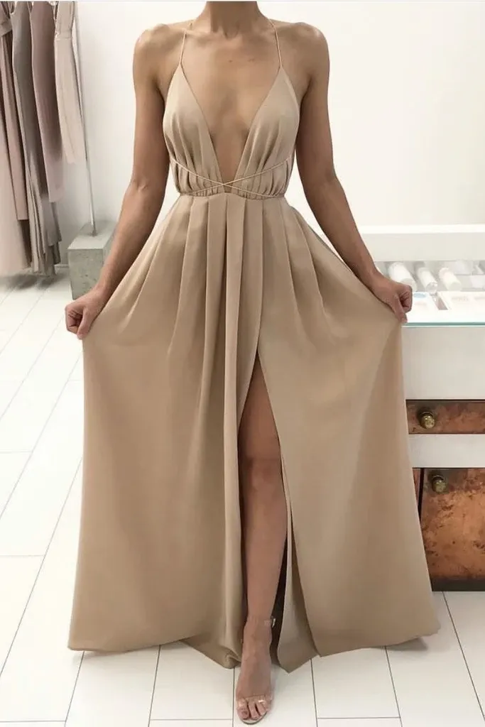 Anneprom Sexy V-Neck Spaghetti Strap Prom Dress With Front Split APP0118