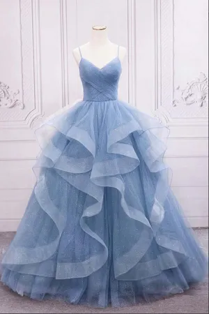 Anneprom Shiny Blue Tulle A line Spaghetti Straps Long Prom Dresses, Evening Gown APP0638