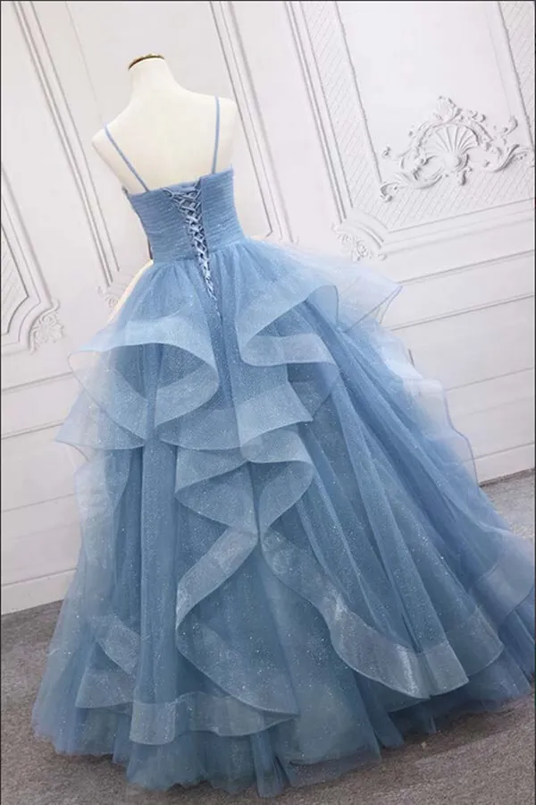 Anneprom Shiny Blue Tulle A line Spaghetti Straps Long Prom Dresses, Evening Gown APP0638