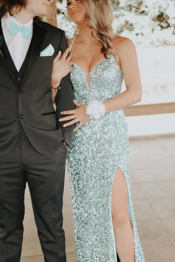 Anneprom Silver Sequin Spaghetti Straps Mermaid Long Prom Dresses, Backless Evening Gown APP0641