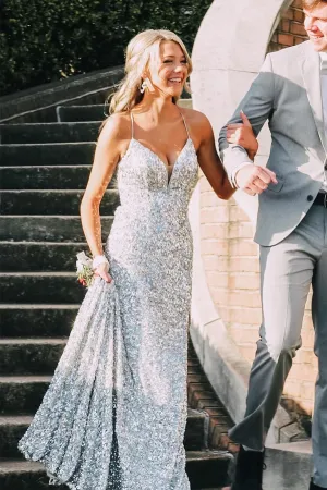 Anneprom Silver Sequin Spaghetti Straps Mermaid Long Prom Dresses, Backless Evening Gown APP0641