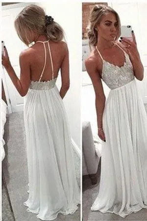 Anneprom Spaghetti Strap Open Back A-Line Long Chiffon Prom Dresses Evening Dresses APP0136