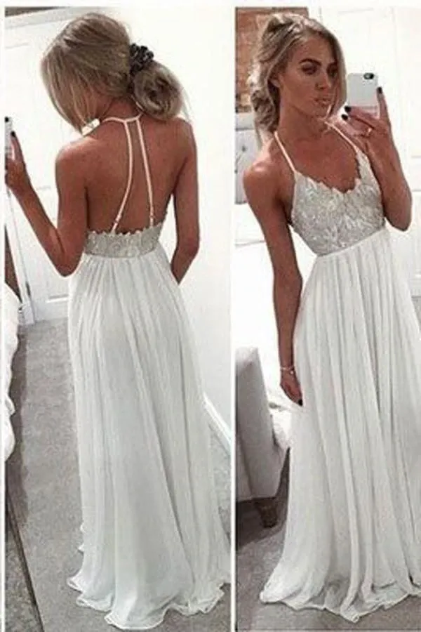 Anneprom Spaghetti Strap Open Back A-Line Long Chiffon Prom Dresses Evening Dresses APP0136