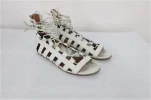 Aquazzura Amazon Gladiator Sandals White Leather Size 37.5 Lace-Up Flats