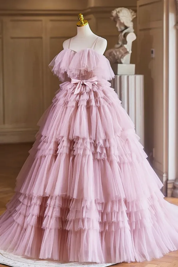 Ball Gown Pink Tulle Spaghetti Strap Long Prom Evening Dress, Pink Sweet 16 Dress APP0997