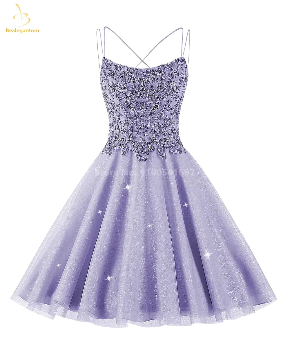 Bealegantom Lace Beaded Spaghetti Homecoming Dresses Sparkly Tulle Pageant Short Prom Party Cocktail Gown Vestidos De Graudation