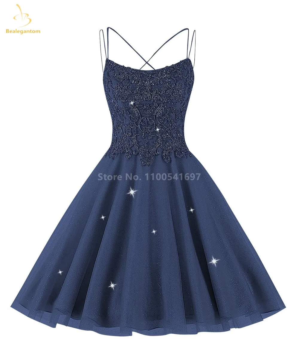 Bealegantom Lace Beaded Spaghetti Homecoming Dresses Sparkly Tulle Pageant Short Prom Party Cocktail Gown Vestidos De Graudation