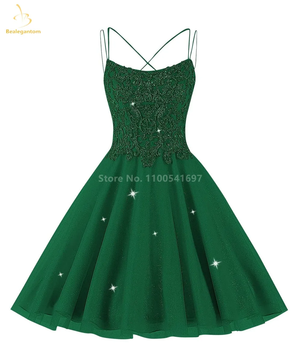 Bealegantom Lace Beaded Spaghetti Homecoming Dresses Sparkly Tulle Pageant Short Prom Party Cocktail Gown Vestidos De Graudation