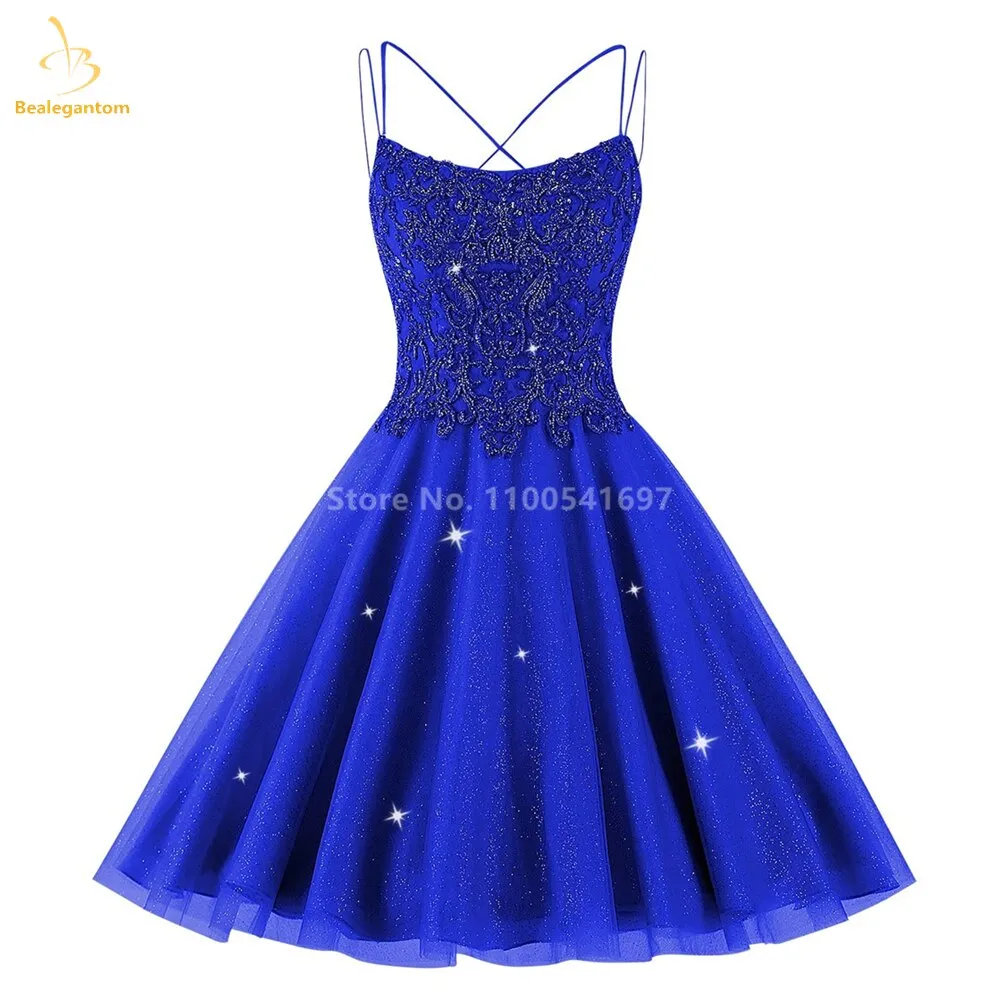Bealegantom Lace Beaded Spaghetti Homecoming Dresses Sparkly Tulle Pageant Short Prom Party Cocktail Gown Vestidos De Graudation