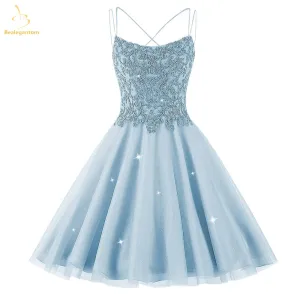 Bealegantom Lace Beaded Spaghetti Homecoming Dresses Sparkly Tulle Pageant Short Prom Party Cocktail Gown Vestidos De Graudation